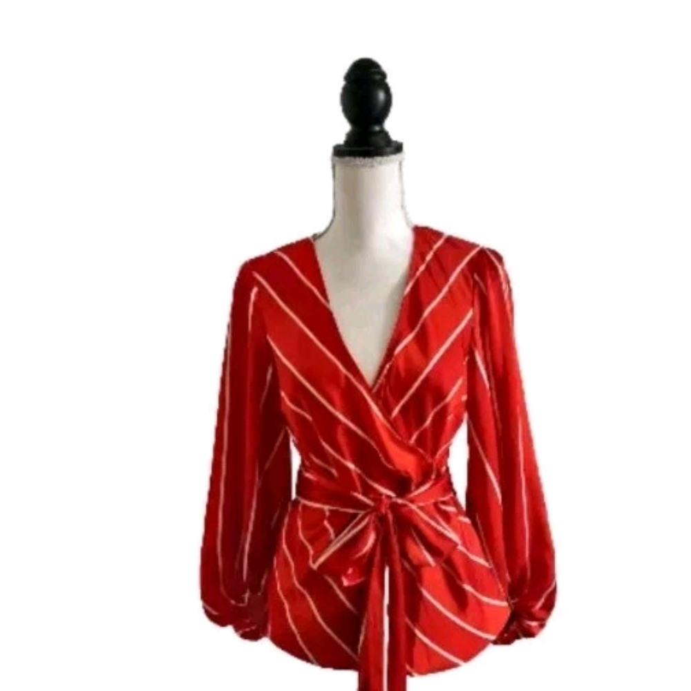 New Red Striped Wrap Top